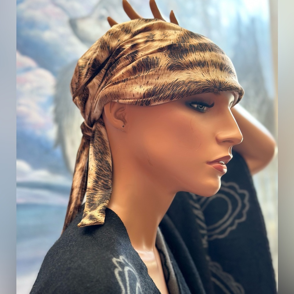 Tiger print brown hair head turban lined w adjustable tie knot NWOT